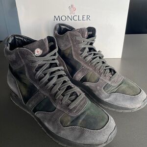 Moncler dark grey suede sneaker boots with green camo print